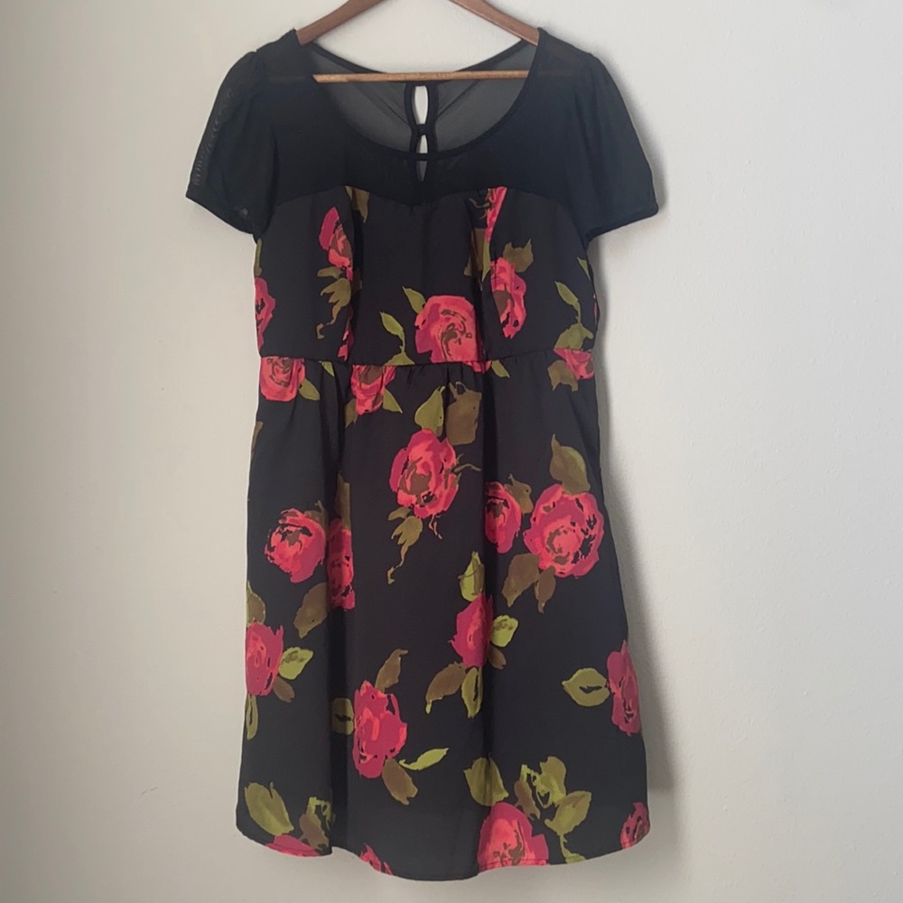 Plus size black dress with red rose detail